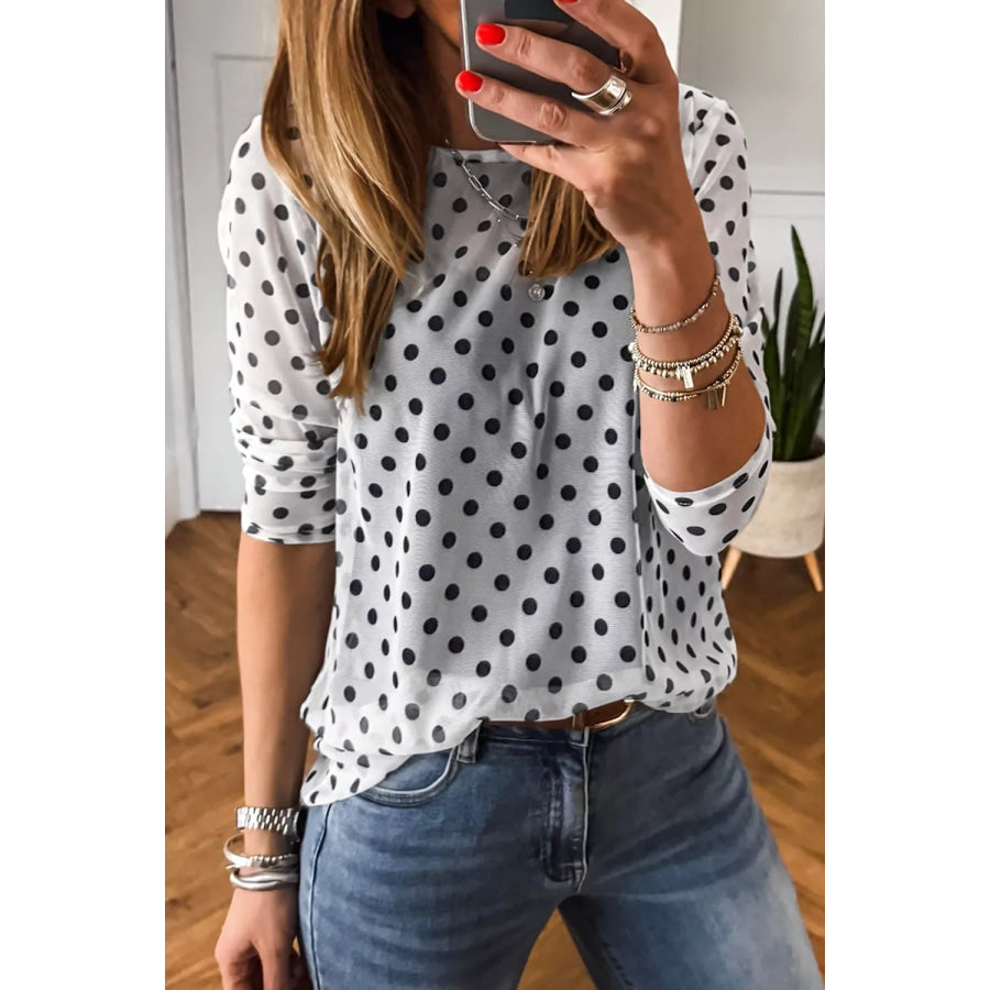 Polka Dot Sheer Mesh Long Sleeve Round Neck Shift Top Apparel and Accessories