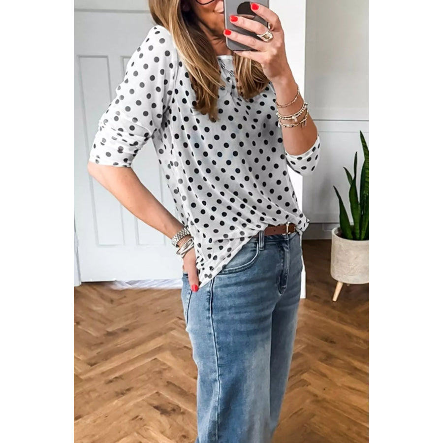 Polka Dot Sheer Mesh Long Sleeve Round Neck Shift Top Apparel and Accessories
