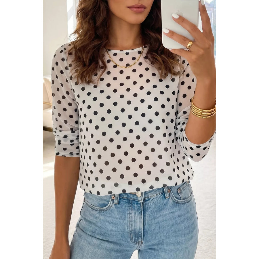 Polka Dot Sheer Mesh Long Sleeve Round Neck Shift Top White / S Apparel and Accessories