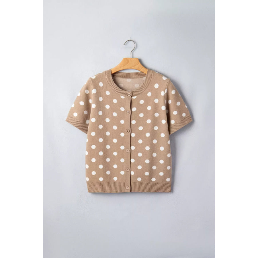Polka Dot Short Sleeve Button Down Sweater Cardigan Apparel and Accessories