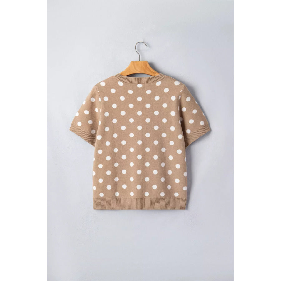 Polka Dot Short Sleeve Button Down Sweater Cardigan Apparel and Accessories