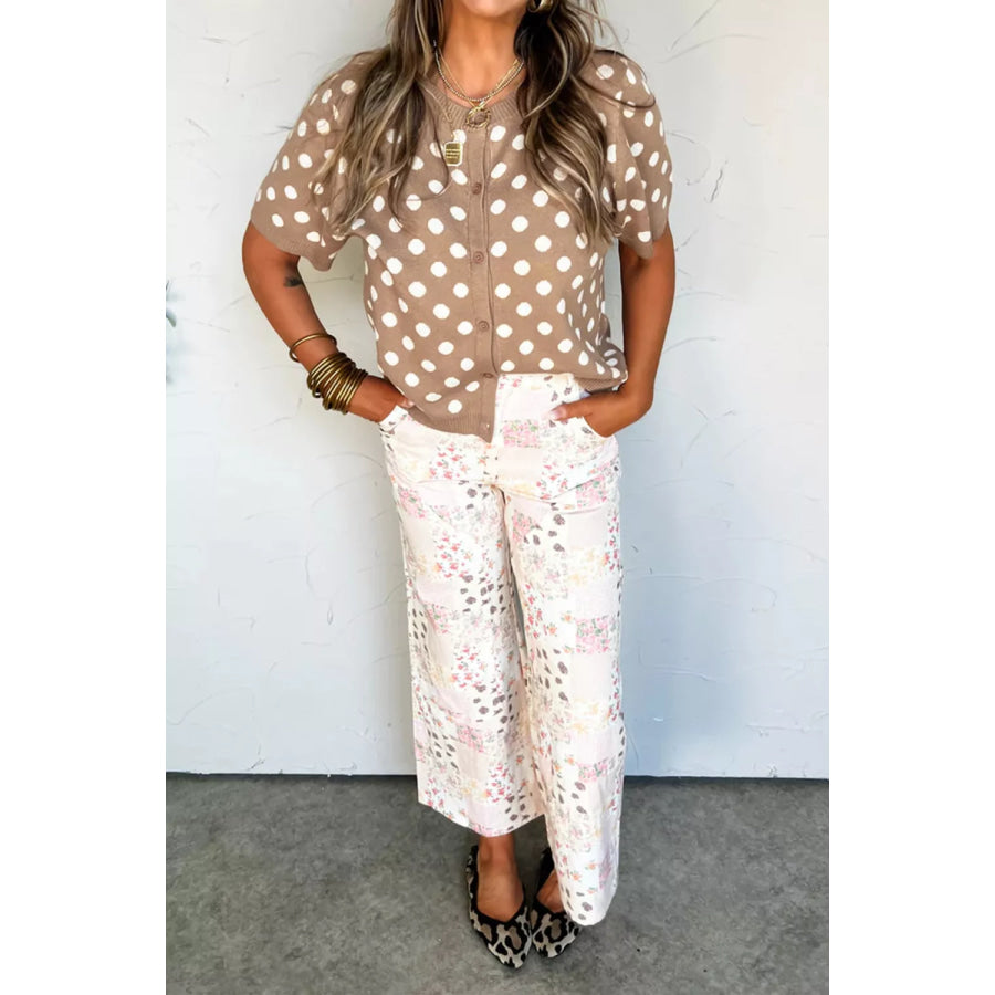 Polka Dot Short Sleeve Button Down Sweater Cardigan Apparel and Accessories