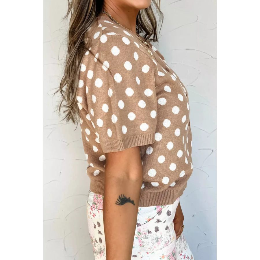 Polka Dot Short Sleeve Button Down Sweater Cardigan Camel / S Apparel and Accessories