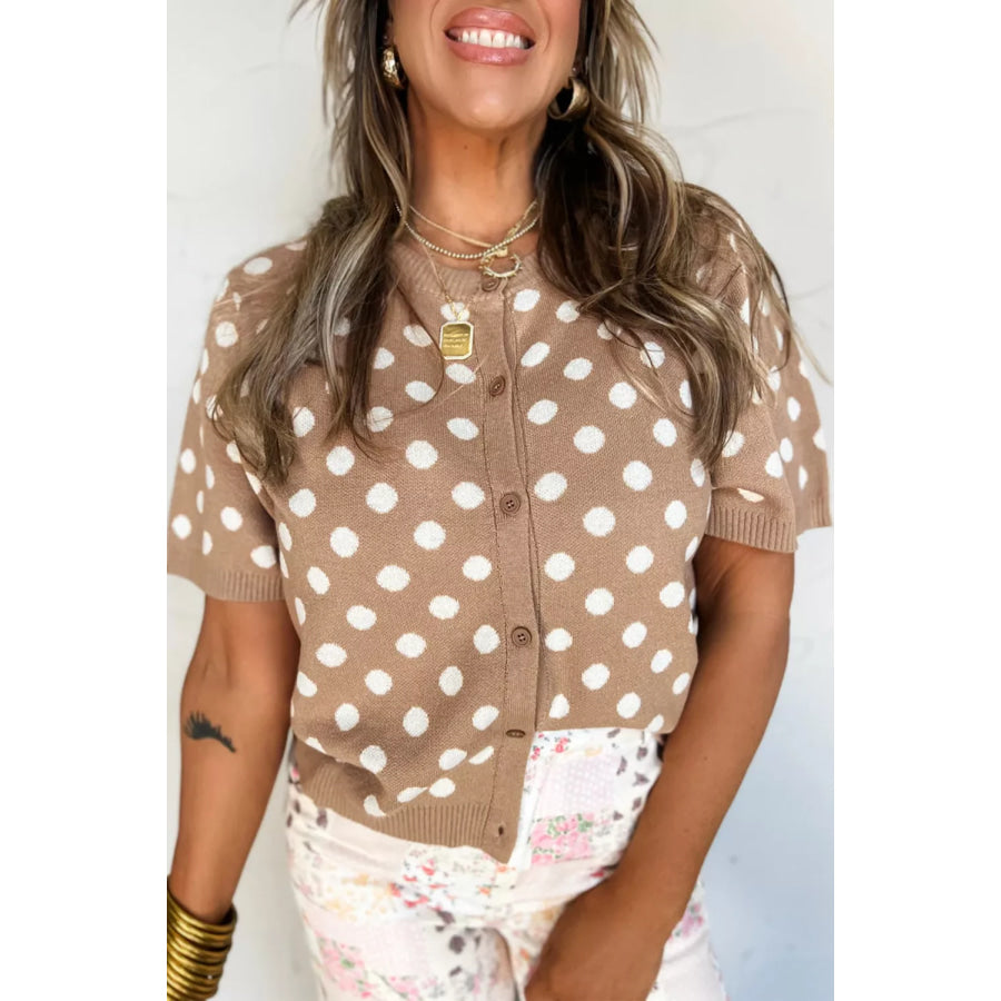 Polka Dot Short Sleeve Button Down Sweater Cardigan Camel / S Apparel and Accessories