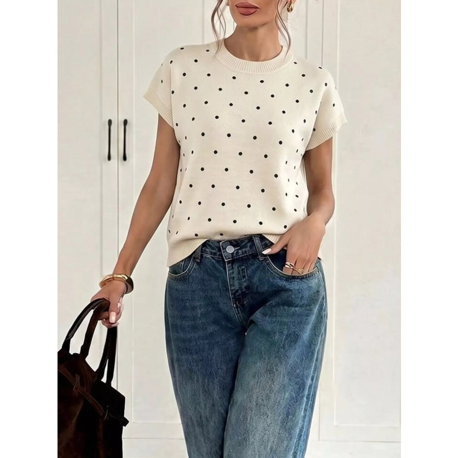 Polka Dot Short Sleeve Knit Sweater Apparel and Accessories