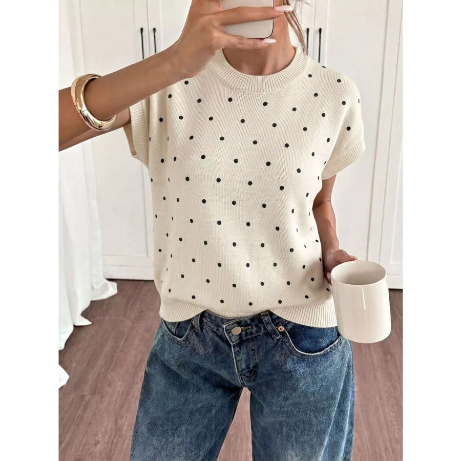 Polka Dot Short Sleeve Knit Sweater Apricot / S Apparel and Accessories