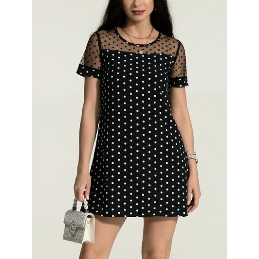 Polka Dot Short Sleeve Mini Dress Black / S Apparel and Accessories