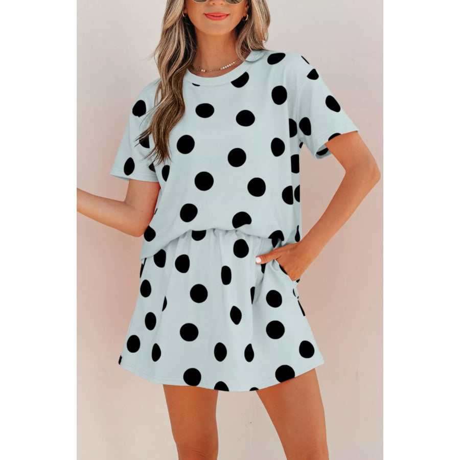 Polka Dot Short Sleeve Top Casual Skort 2pcs Outfit Apparel and Accessories