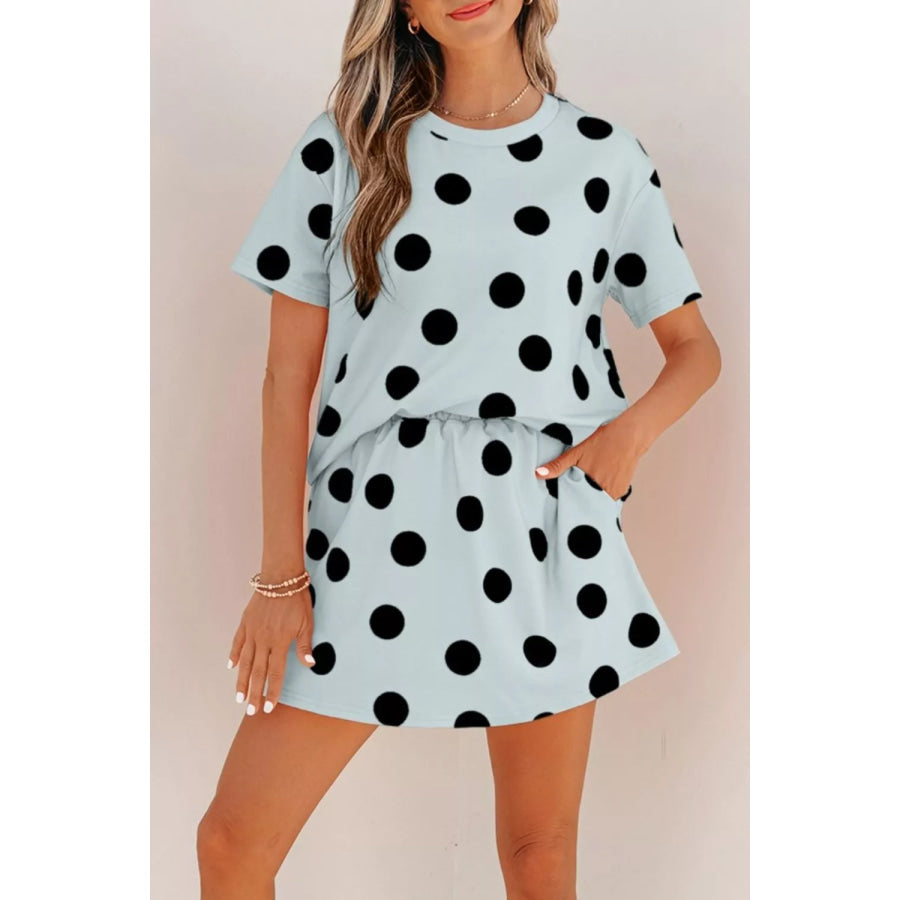 Polka Dot Short Sleeve Top Casual Skort 2pcs Outfit Mint Blue / S Apparel and Accessories