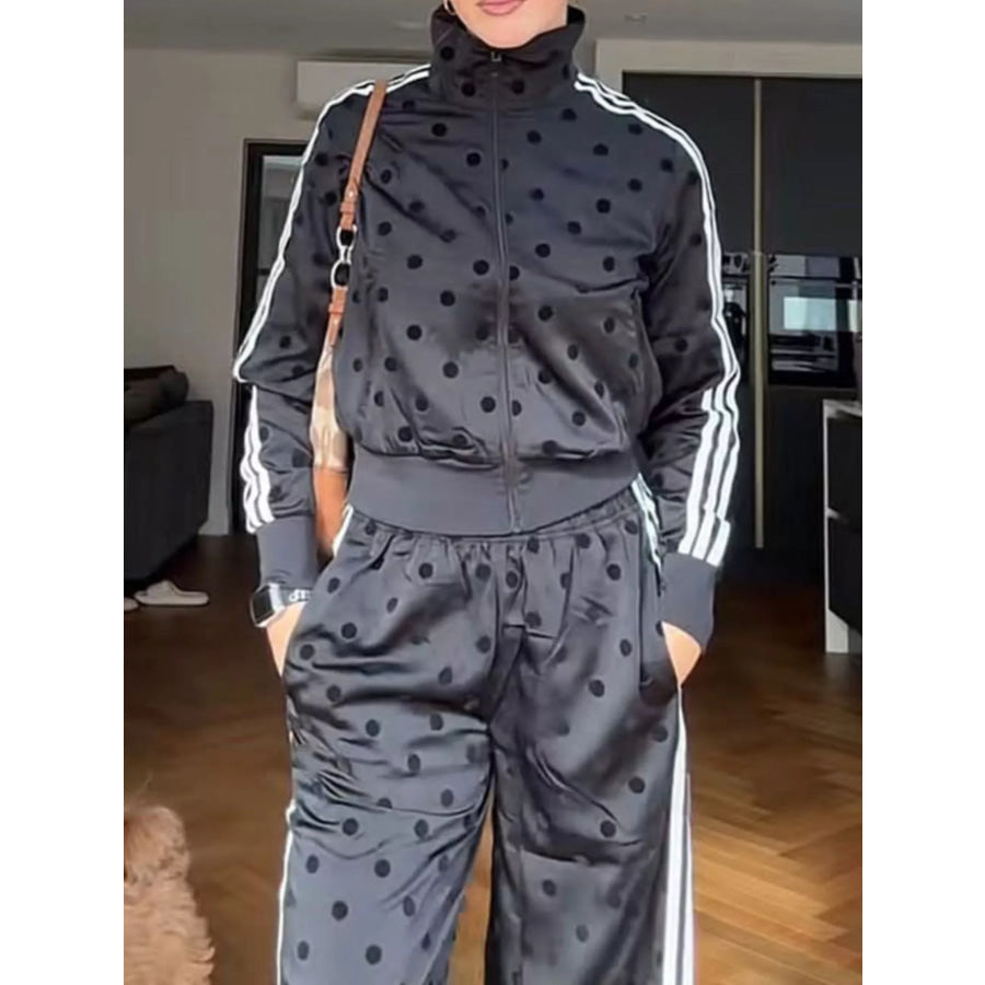 Polka Dot Side Striped Outerwear and Pants Set Black / S Apparel and Accessories