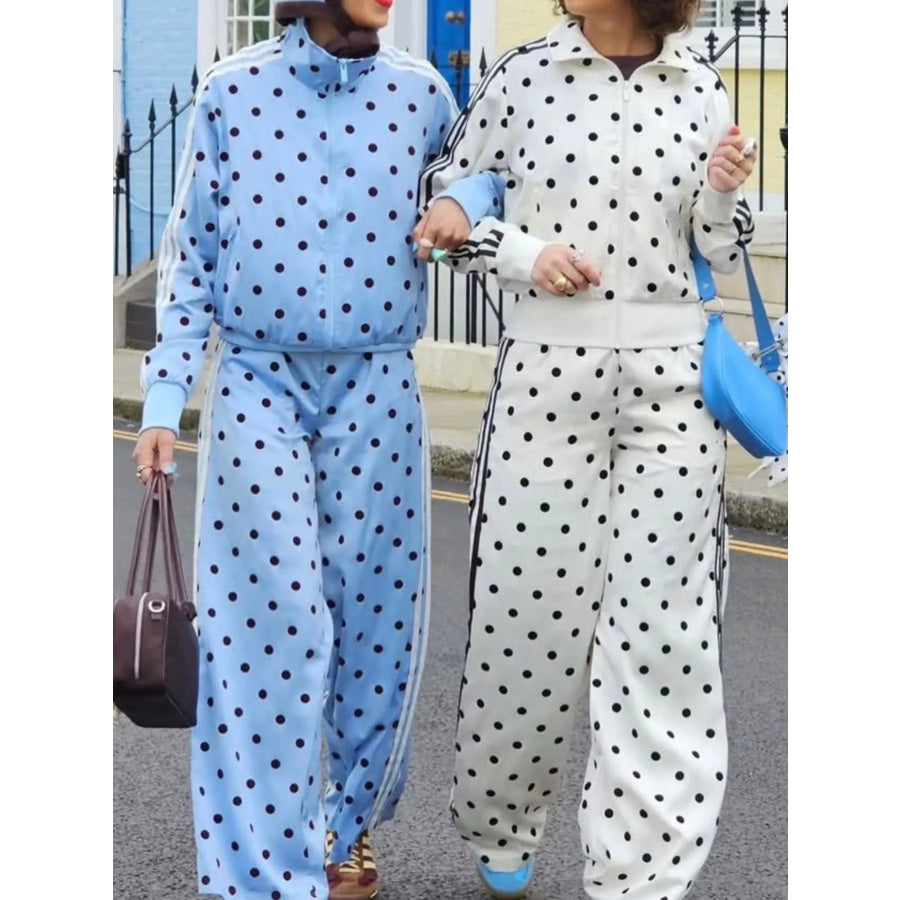 Polka Dot Side Striped Outerwear and Pants Set Sky Blue / S Apparel and Accessories