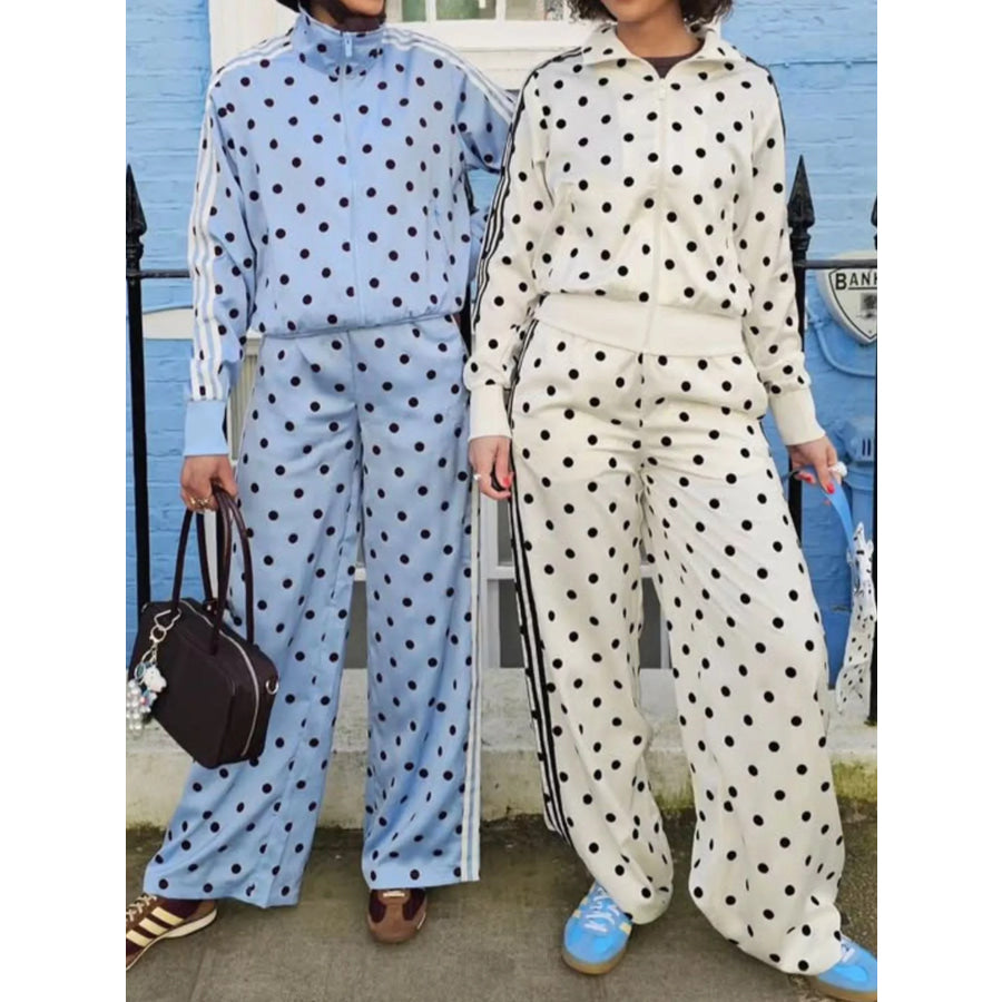 Polka Dot Side Striped Outerwear and Pants Set White / S Apparel and Accessories