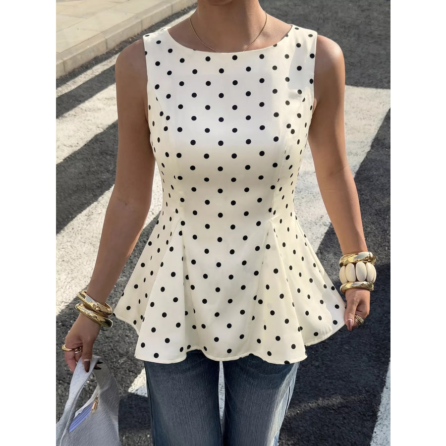 Polka Dot Sleeveless Peplum Blouse Apricot / S Apparel and Accessories