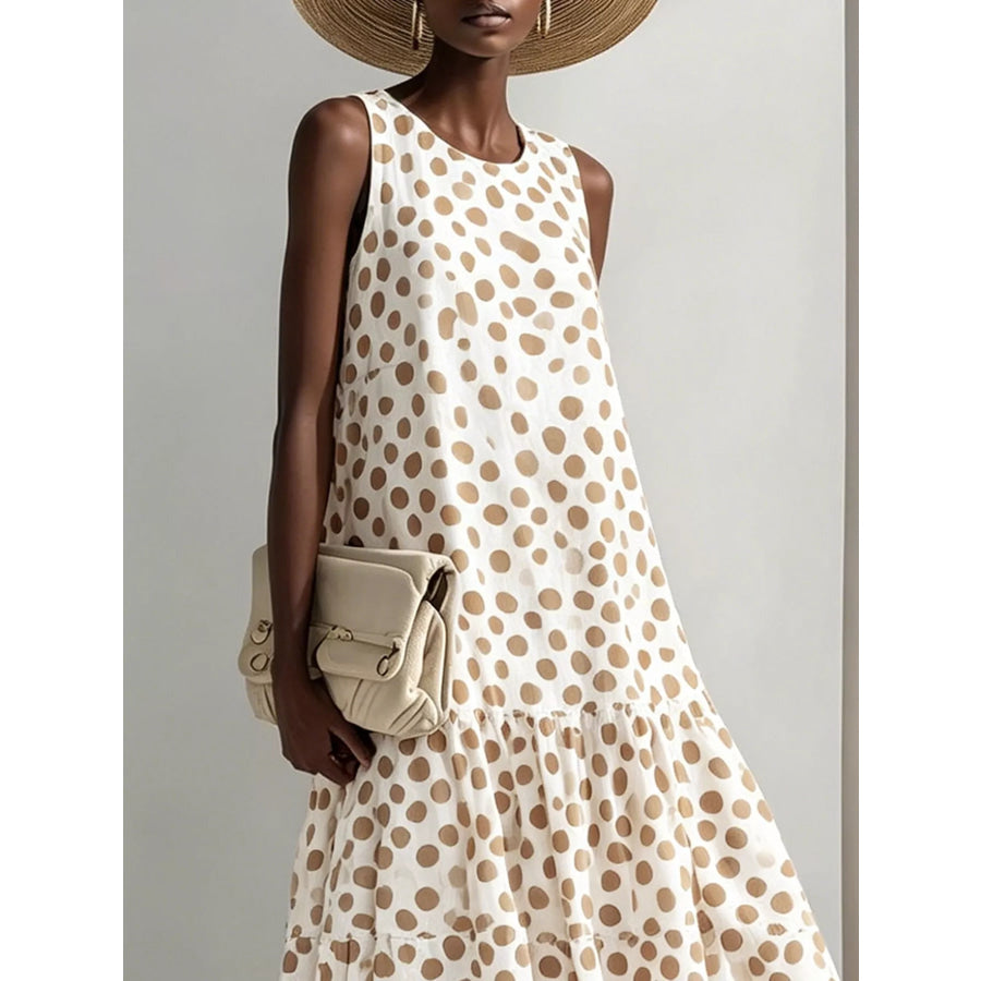 Polka Dot Sleeveless Tiered Maxi Dress Beige / S Apparel and Accessories