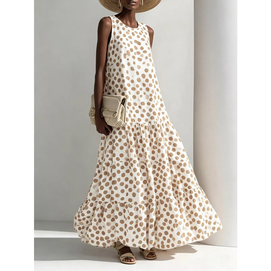Polka Dot Sleeveless Tiered Maxi Dress Beige / S Apparel and Accessories