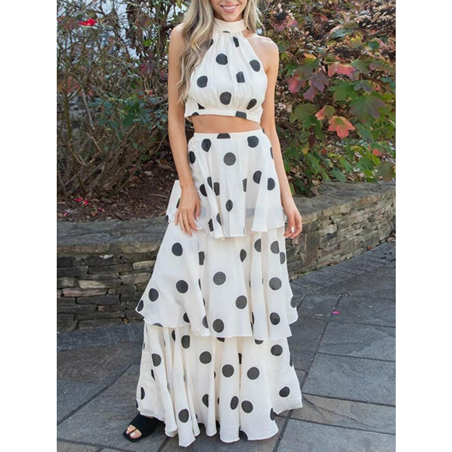 Polka Dot Sleeveless Top and Layered Skirt Set White / S Apparel Accessories