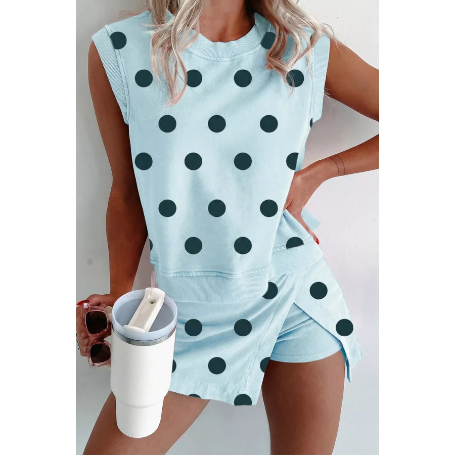 Polka Dot Sleeveless Top and Skort Casual Two-Piece Set Pastel Blue / S Apparel Accessories