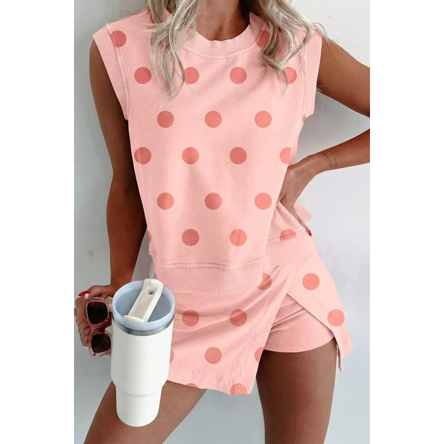 Polka Dot Sleeveless Top and Skort Casual Two-Piece Set Watermelon pink / S Apparel Accessories