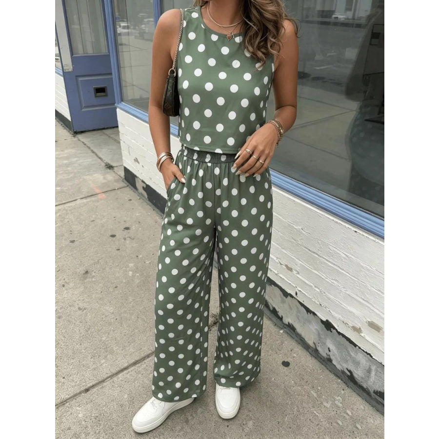 Polka Dot Sleeveless Top and Wide Leg Pants Set Matcha Green / XS Apparel and Accessories