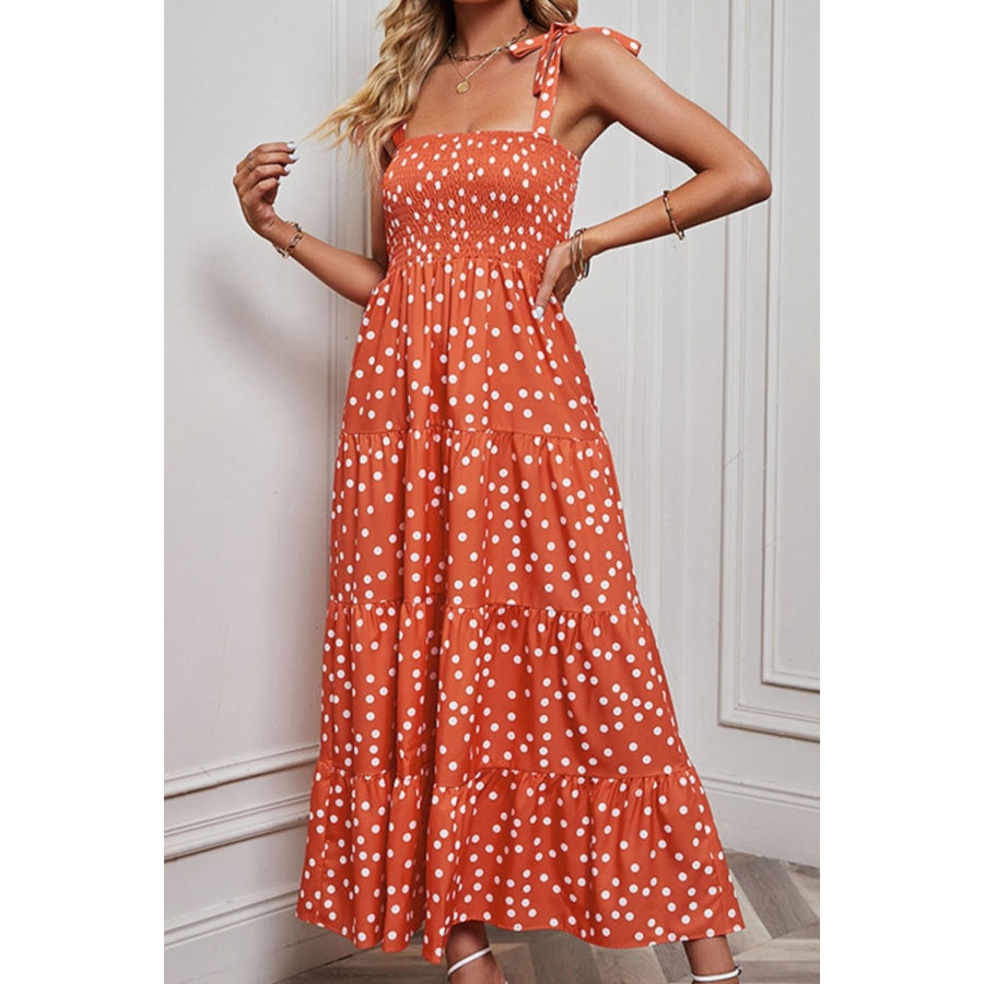 Polka Dot Smocked Tiered Sleeveless Dress Orange / S