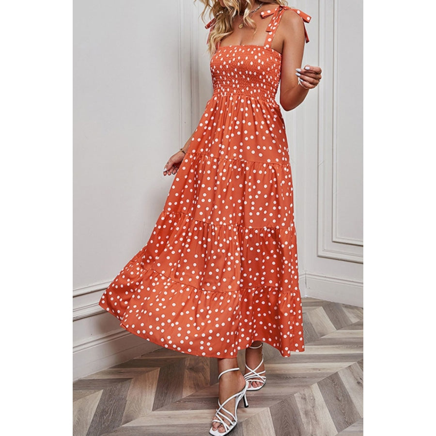 Polka Dot Smocked Tiered Sleeveless Dress Orange / S