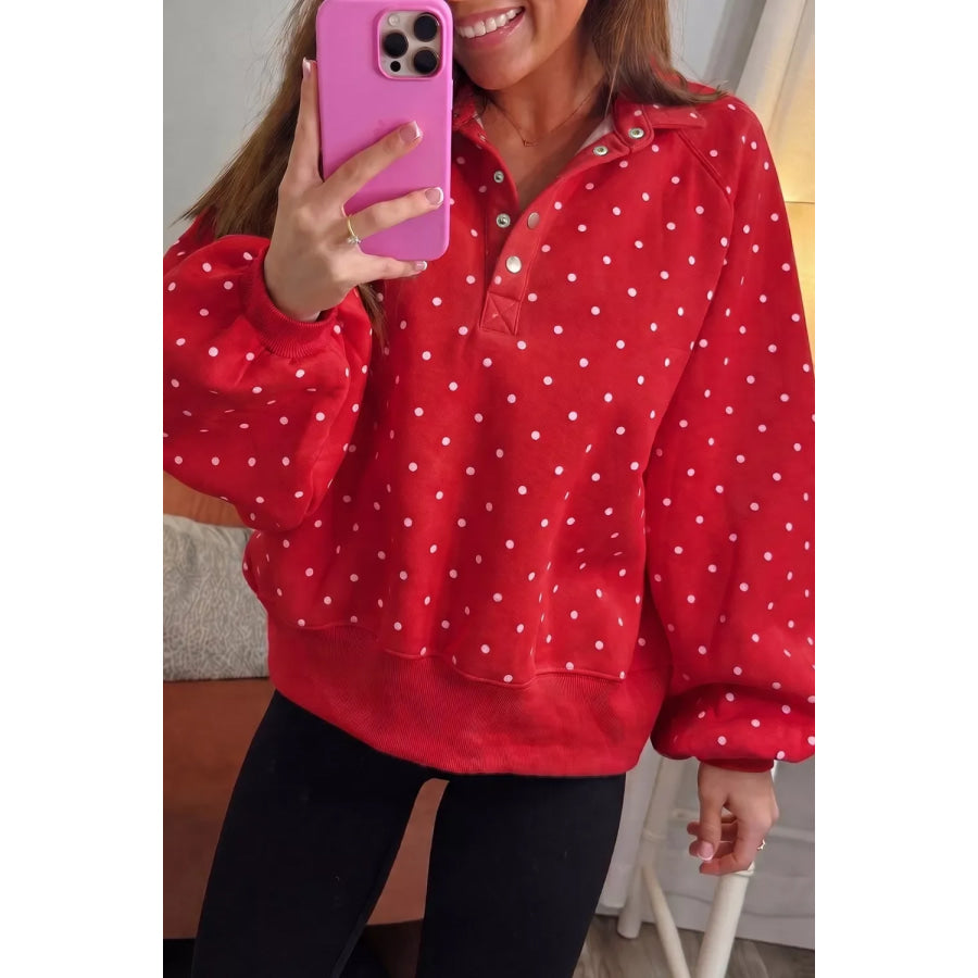 Polka Dot Snap-Button Sweatshirt Deep Red / S Apparel and Accessories