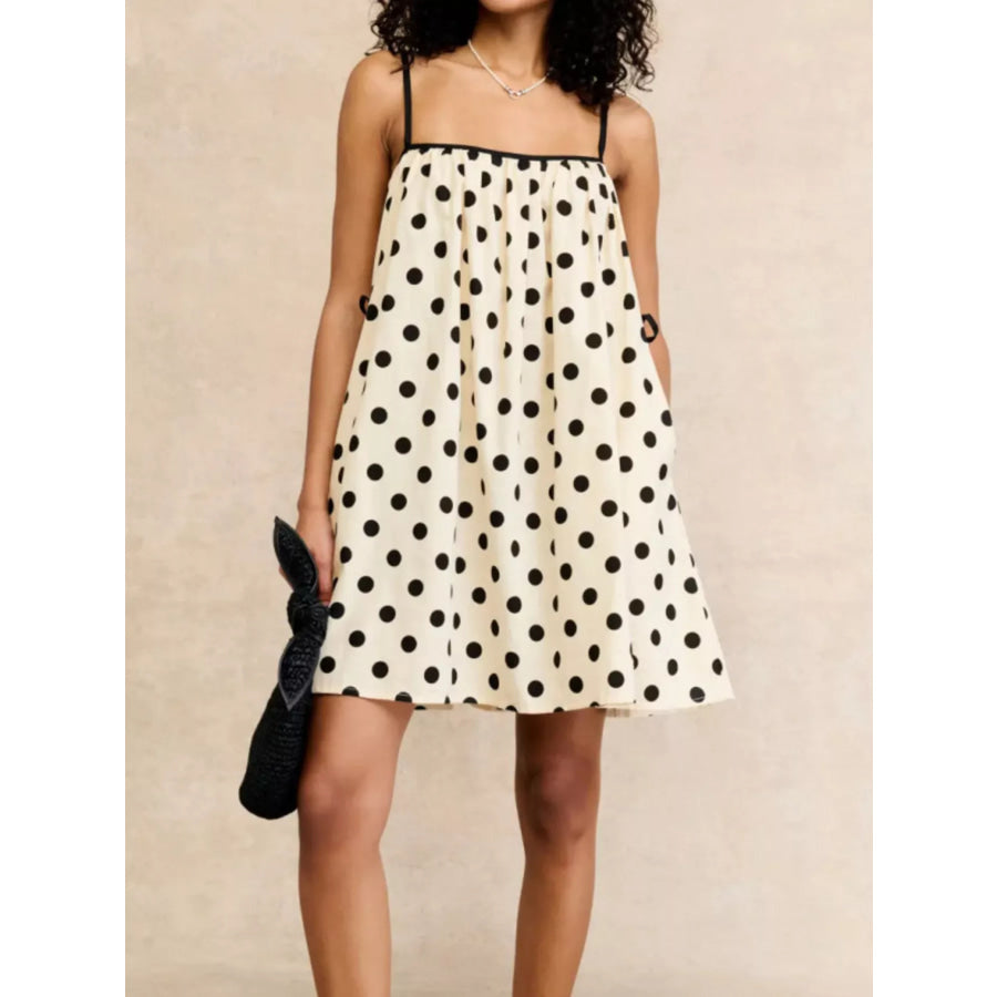 Polka Dot Spaghetti Strap Mini Dress Beige / S Apparel and Accessories