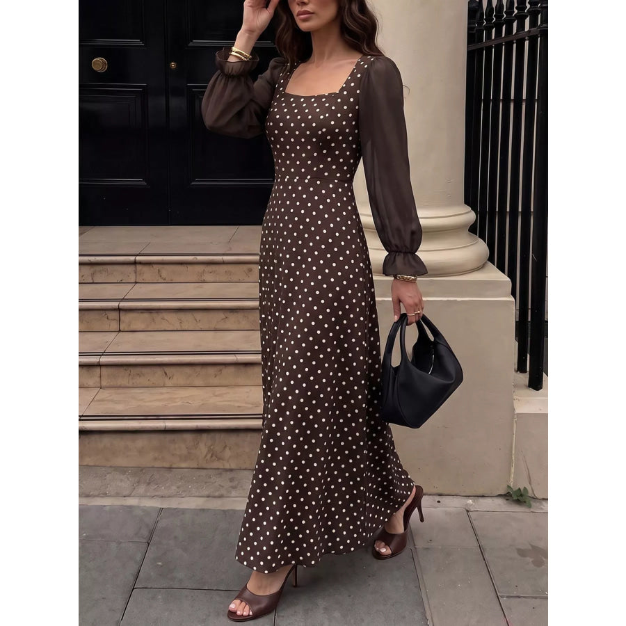 Polka Dot Square Neck Long Sleeve Maxi Dress Apparel and Accessories