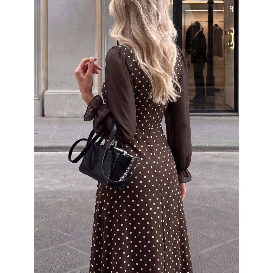 Polka Dot Square Neck Long Sleeve Maxi Dress Apparel and Accessories