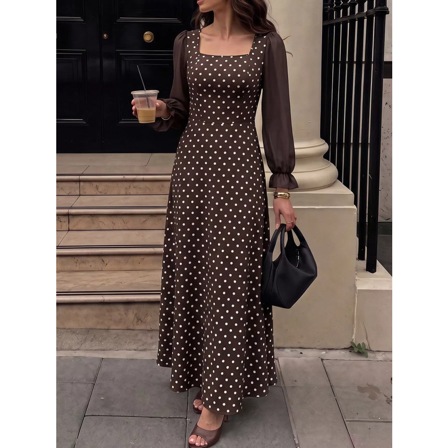 Polka Dot Square Neck Long Sleeve Maxi Dress Brown / S Apparel and Accessories