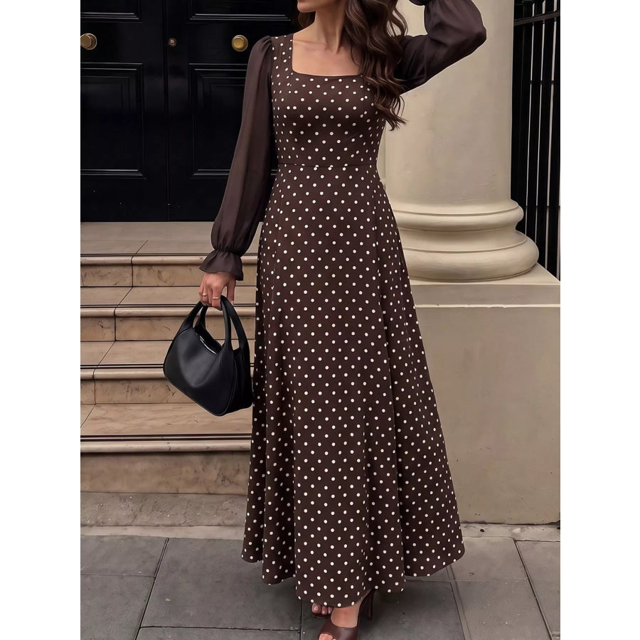 Polka Dot Square Neck Long Sleeve Maxi Dress Apparel and Accessories