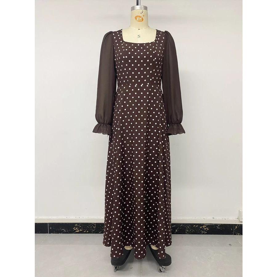 Polka Dot Square Neck Long Sleeve Maxi Dress Apparel and Accessories