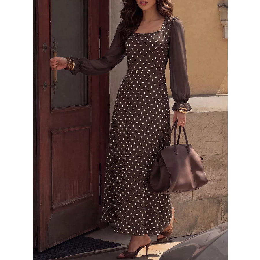 Polka Dot Square Neck Long Sleeve Maxi Dress Brown / S Apparel and Accessories