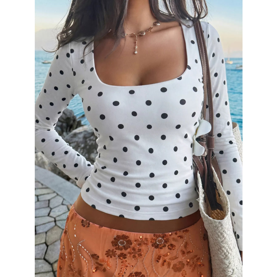 Polka Dot Square Neck Long Sleeve T-Shirt White / S Apparel and Accessories