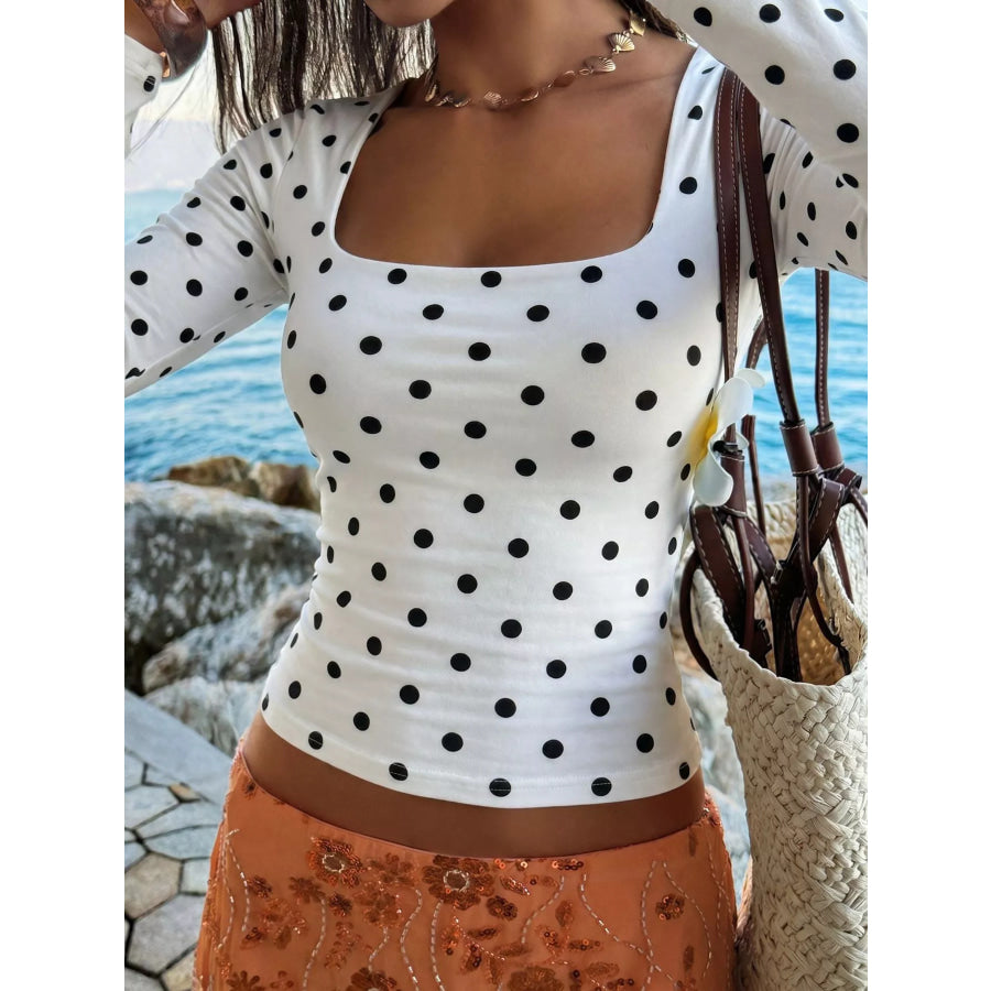 Polka Dot Square Neck Long Sleeve T-Shirt Apparel and Accessories