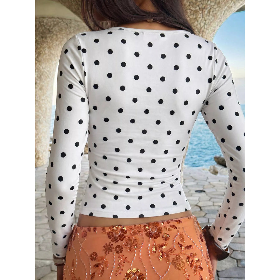 Polka Dot Square Neck Long Sleeve T-Shirt Apparel and Accessories