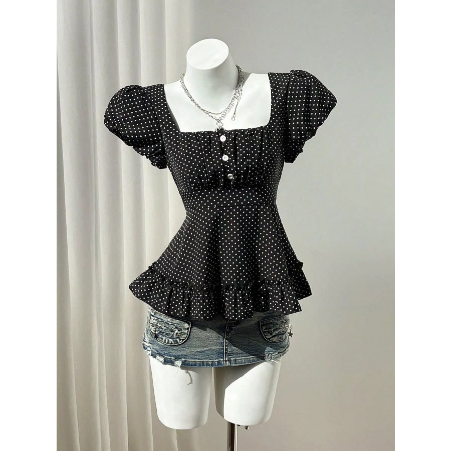Polka Dot Square Neck Puff Sleeve Peplum Blouse Apparel and Accessories