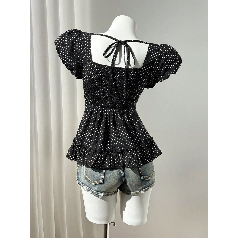 Polka Dot Square Neck Puff Sleeve Peplum Blouse Apparel and Accessories