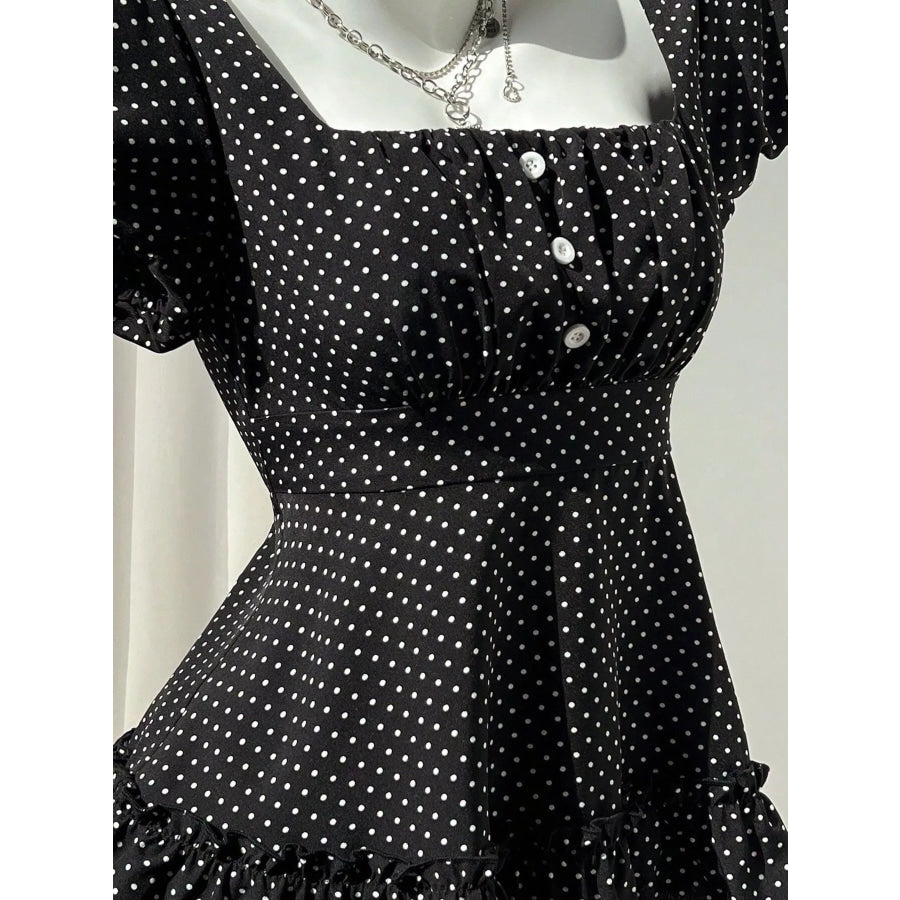Polka Dot Square Neck Puff Sleeve Peplum Blouse Apparel and Accessories