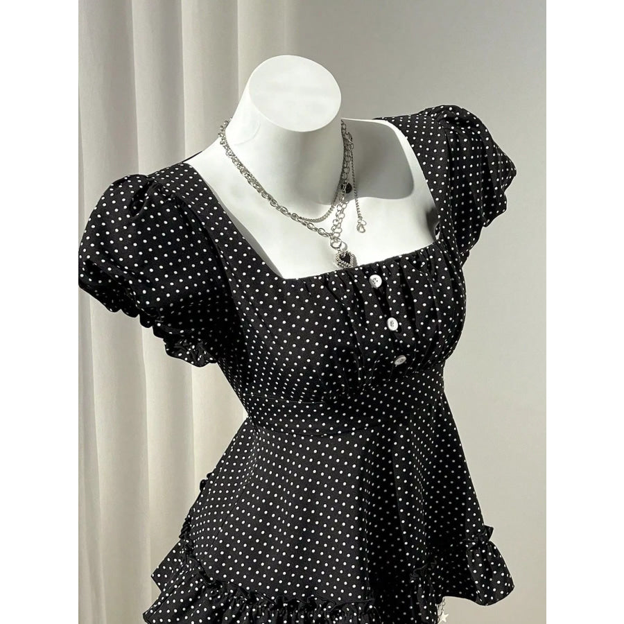 Polka Dot Square Neck Puff Sleeve Peplum Blouse Apparel and Accessories