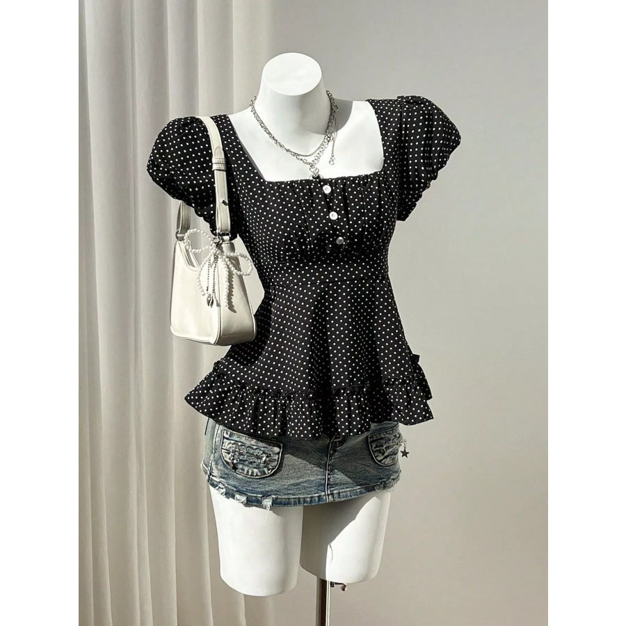 Polka Dot Square Neck Puff Sleeve Peplum Blouse Black / S Apparel and Accessories