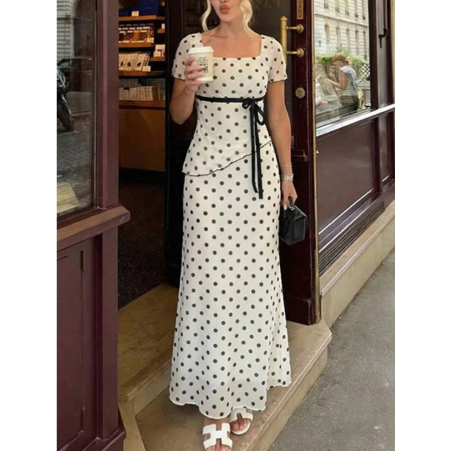 Polka Dot Square Neck Top and Skirt Set White / S Apparel Accessories