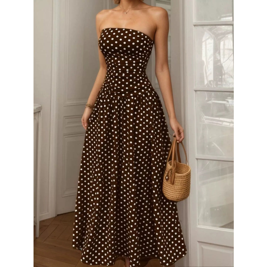 Polka Dot Strapless Maxi Dress Brown / S