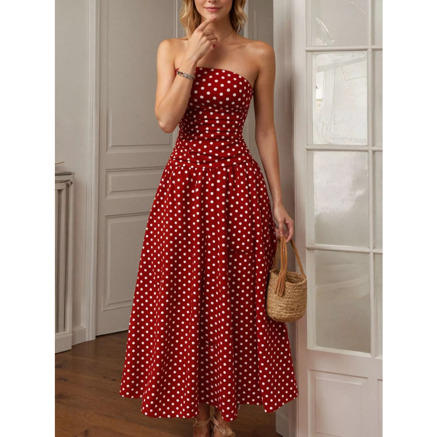 Polka Dot Strapless Maxi Dress Red / S