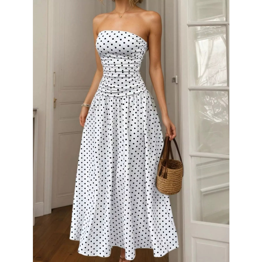 Polka Dot Strapless Maxi Dress White / S