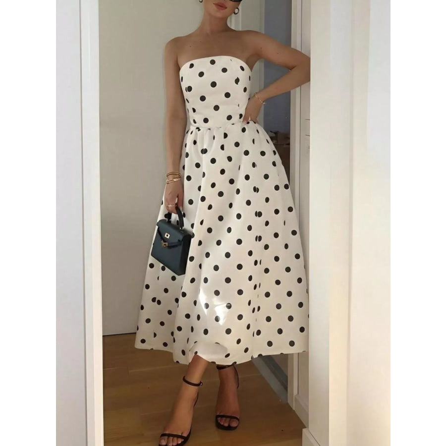 Polka Dot Strapless Midi Dress Cream / XS Apparel and Accessories