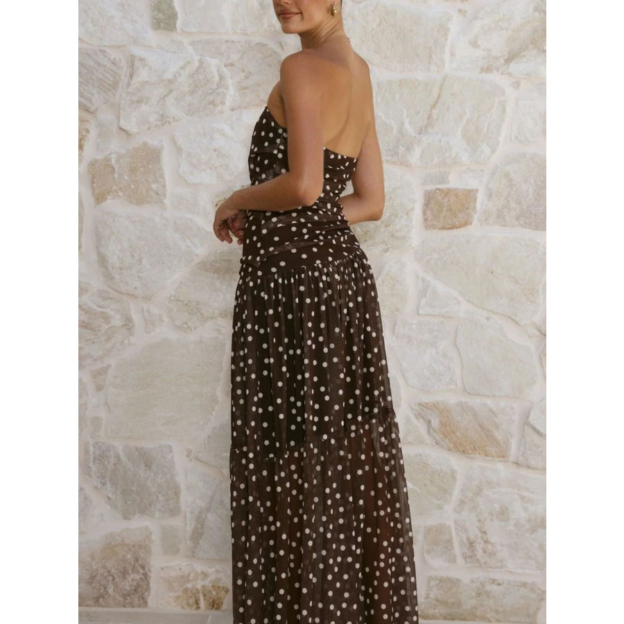 Polka Dot Strapless Ruched Maxi Dress Apparel and Accessories