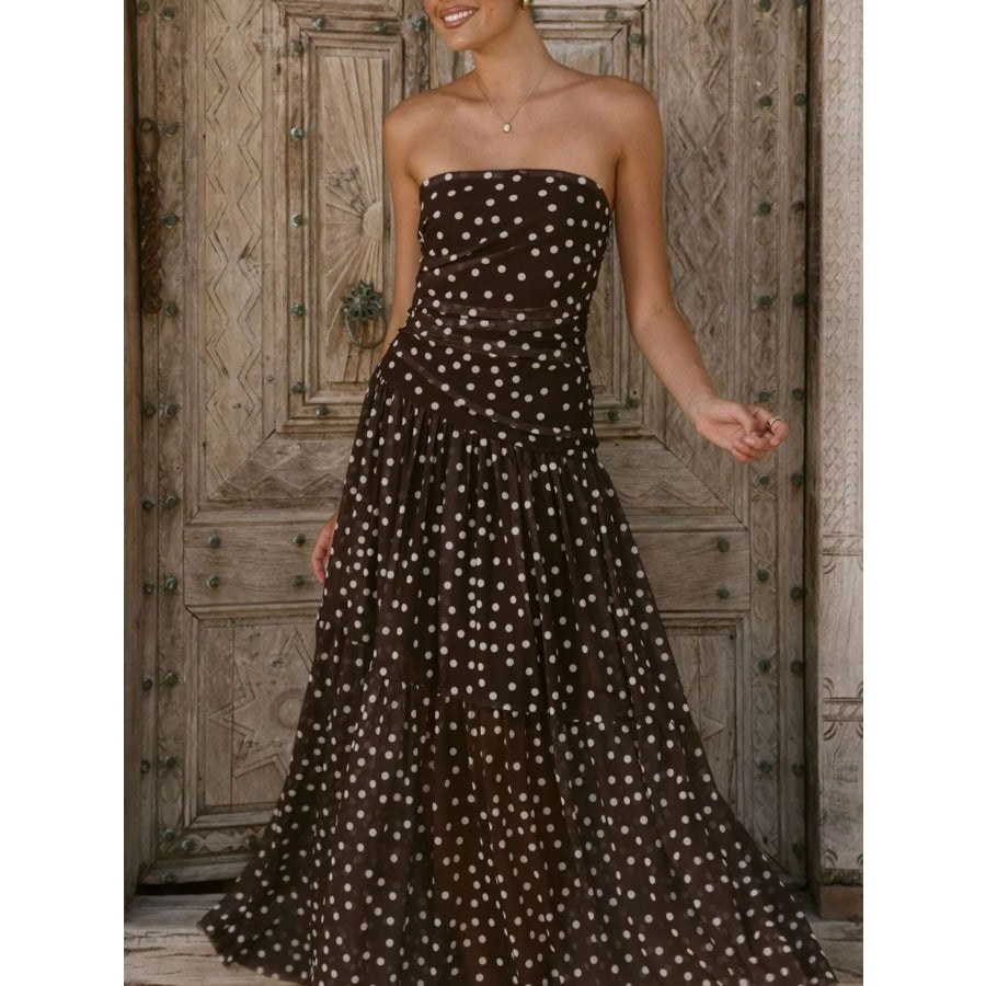 Polka Dot Strapless Ruched Maxi Dress Apparel and Accessories