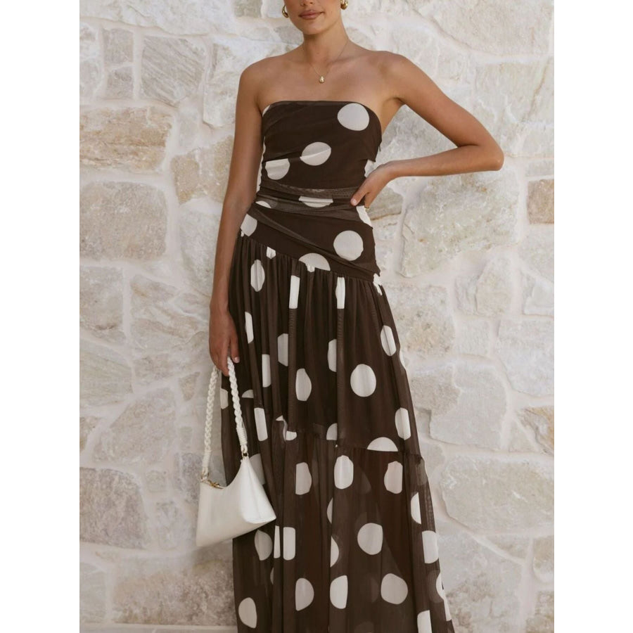 Polka Dot Strapless Ruched Maxi Dress Apparel and Accessories