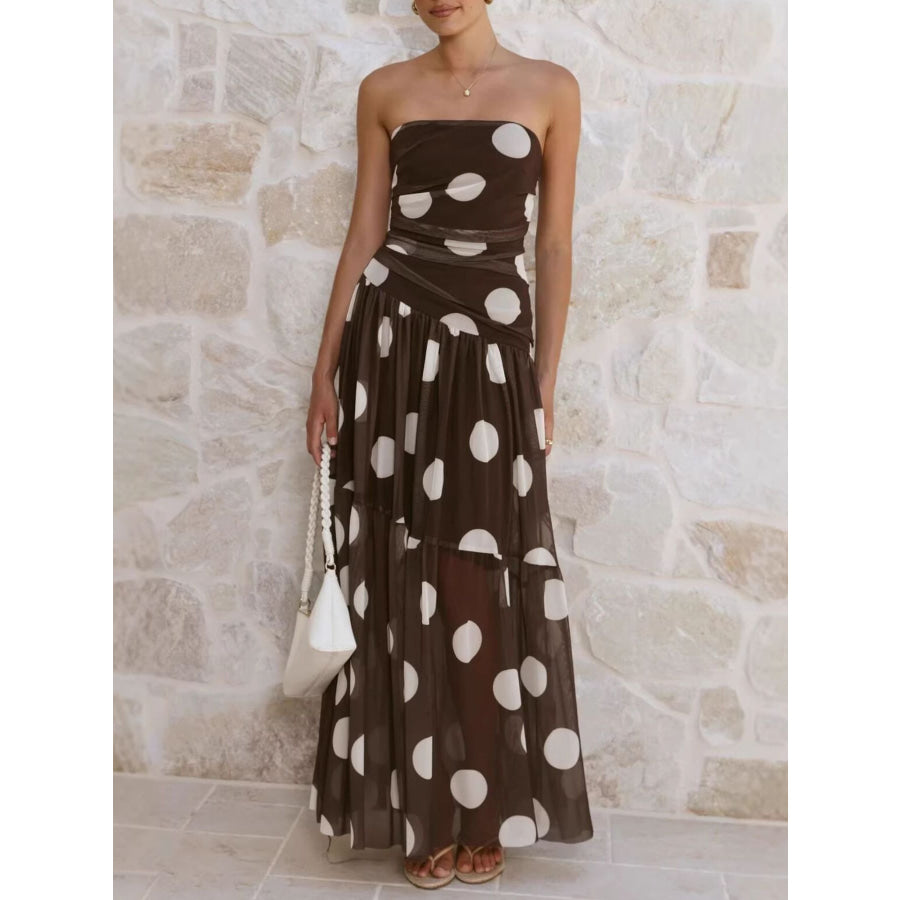 Polka Dot Strapless Ruched Maxi Dress Dot / S Apparel and Accessories